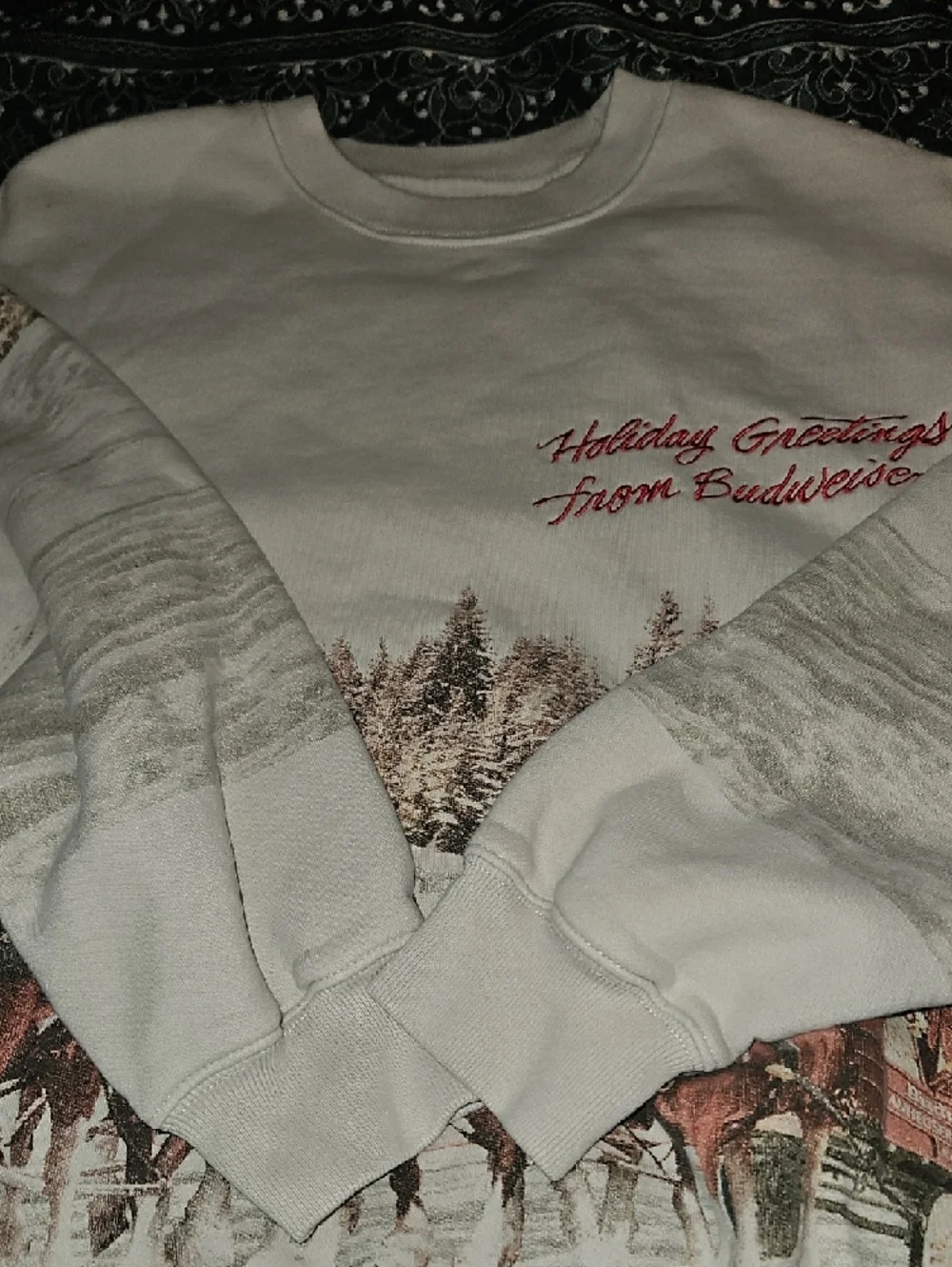Budweiser White Sweatshirt with Red Holiday Script and Clydesdale Team Print
